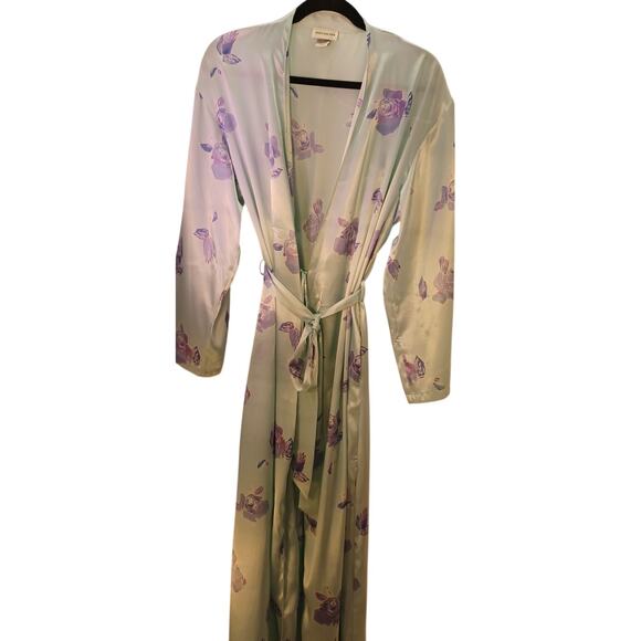 Vintage Jones New York Floral Icy Blue Satin Long Length Silky Robe, Size Large - Picture 3 of 7